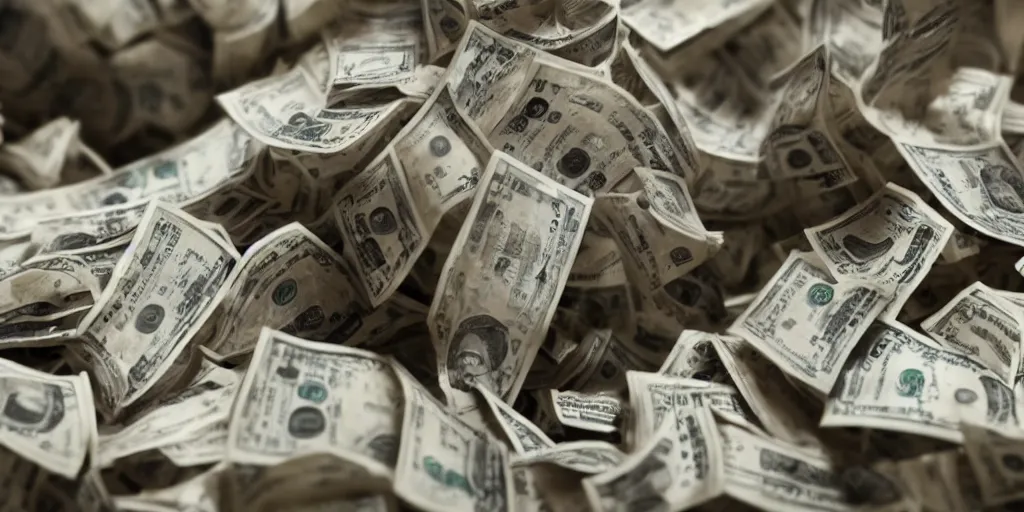 Image similar to a film still of cash money piling up in a vault, shallow depth of field, cinematic, award winning cgi, vfx, film still cfg _ scale : 1 5. 0