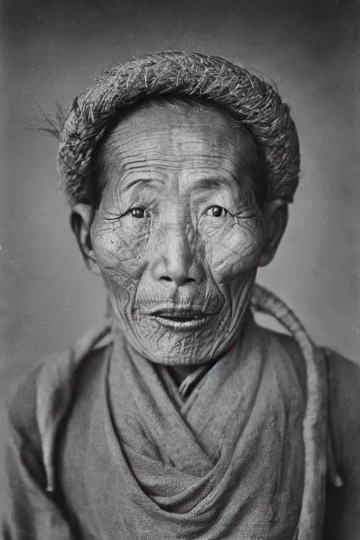 Prompt: ultra realistic vintage photo portrait of a tibetan man with a tunnel in his flesh, by Irving Penn