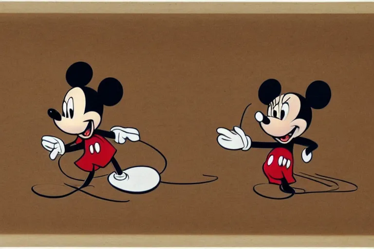 Image similar to detailed background courtroom sketch of vintage disney character mickey mouse presenting evidence of copyright infringement to the judge bench court room wooden serious dark tone vintage early cel animation