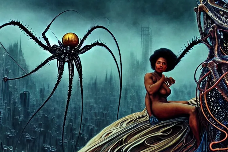 Image similar to realistic detailed closeup portrait movie shot of a beautiful black woman riding a giant spider, dystopian city landscape background by denis villeneuve, amano, yves tanguy, alphonse mucha, max ernst, ernst haeckel, edward robert hughes, roger dean, cyber necklace, rich moody colours, sci fi patterns, wide angle