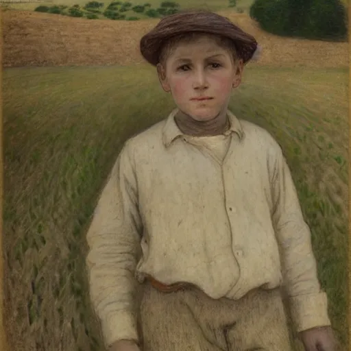 Prompt: Portrait of a farmer boy, by Jules Bastien-Lepage, Emile Friant, Dagnan Bouveret, chalk, pencil drawing, pastel, field in background
