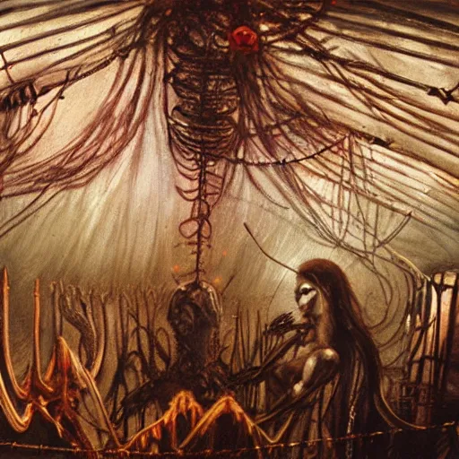 Image similar to painting hr giger tent in a room, floral ornaments, light beams night, scene from fightclub movie