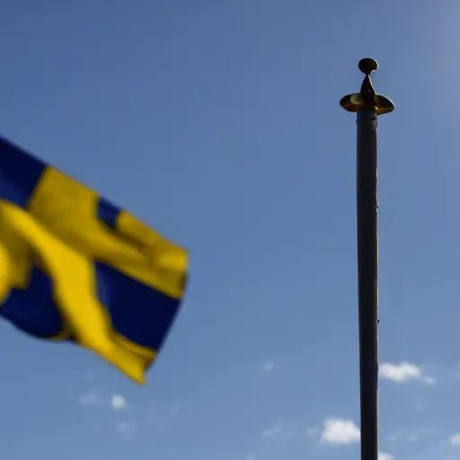 Image similar to a Swedish flag on a flag pole flapping in the wind on sandhamn