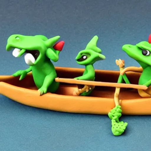 Prompt: polymer clay dragons in a canoe, eating pizza, claymation