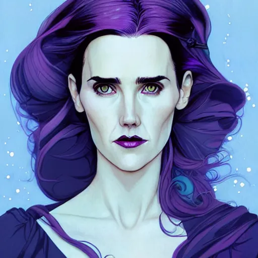 Prompt: in the style of Joshua Middleton comic art, beautiful witch spooky female, Jennifer Connelly, blue and purple glowing hair, perfect eyes perfect symmetrical eyes, symmetrical face, black magic, dark forest background, painterly style