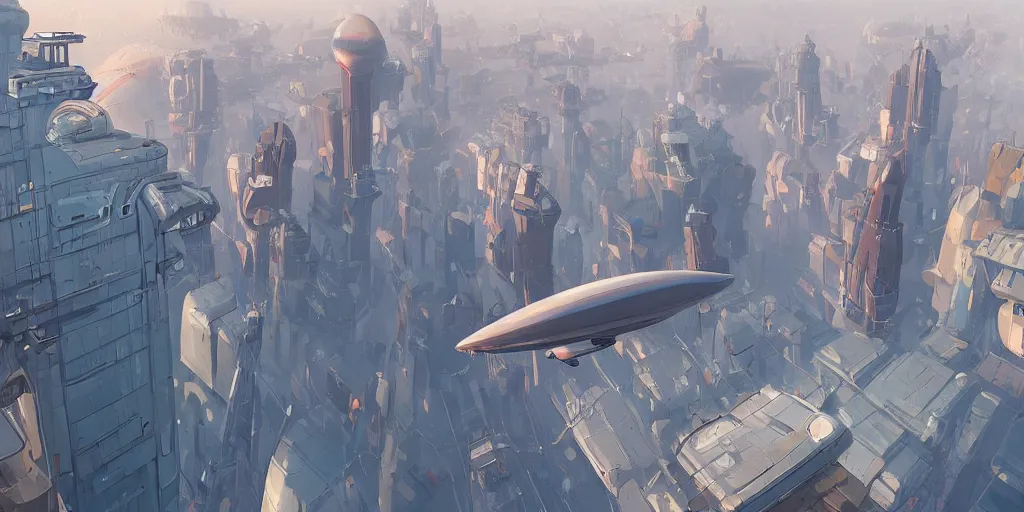 Image similar to gigantic airship floating over a modern city in summer, science - fiction, goro fujita, artstation