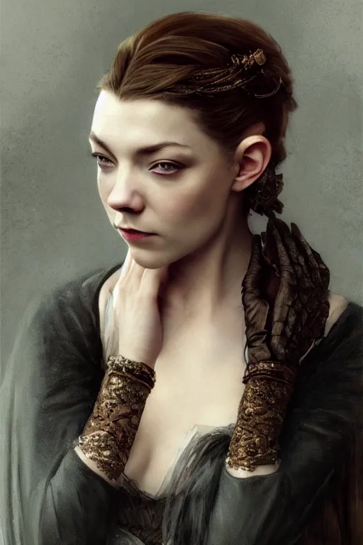 Image similar to a portrait of an elegant beautiful dark bohemian vampire woman, smooth face, glamour shot, (Natalie Dormer), bored, illustration, dramatic lighting, soft details, painting oil on canvas, art nouveau, octane render, HDR, 4k, 8k, HD, by Edmund Blair Leighton, Brom, Charlie Bowater, trending on artstation,