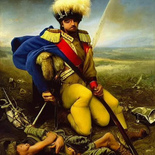 Image similar to Volodymyr Zelensky at war, dressed like Napoleon Bonaparte, sitting on the ground between dead corpses and weeping, holding a half burnt blue and yellow flag of Ukraine, in the style of Anne-Louis Girodet