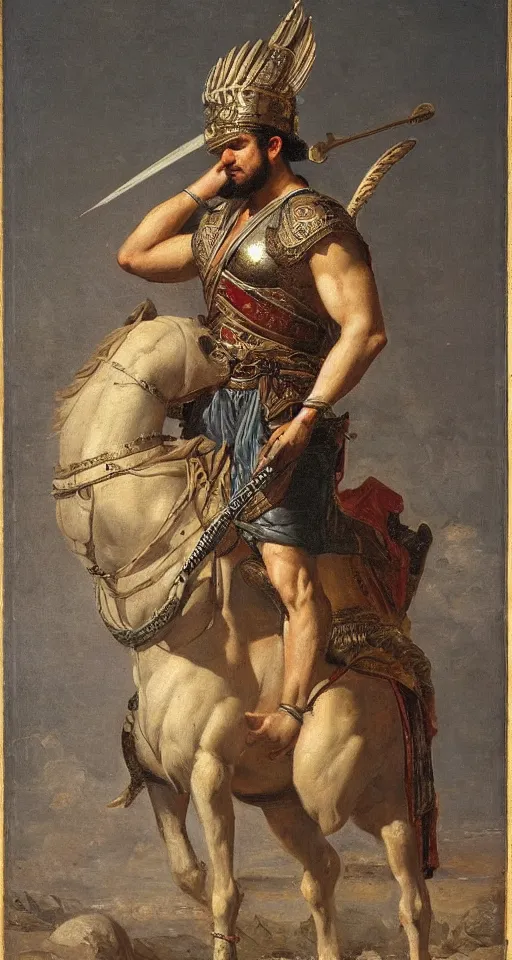 Image similar to orientalist portrait painting of a the great greek warrior achilles with a cormorant on his shoulder, in romantic style, sfumato