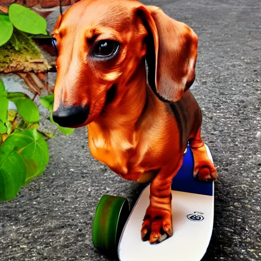 Prompt: dachshund, riding a skateboard, flowers, realistic, high resolution, realistic, photo