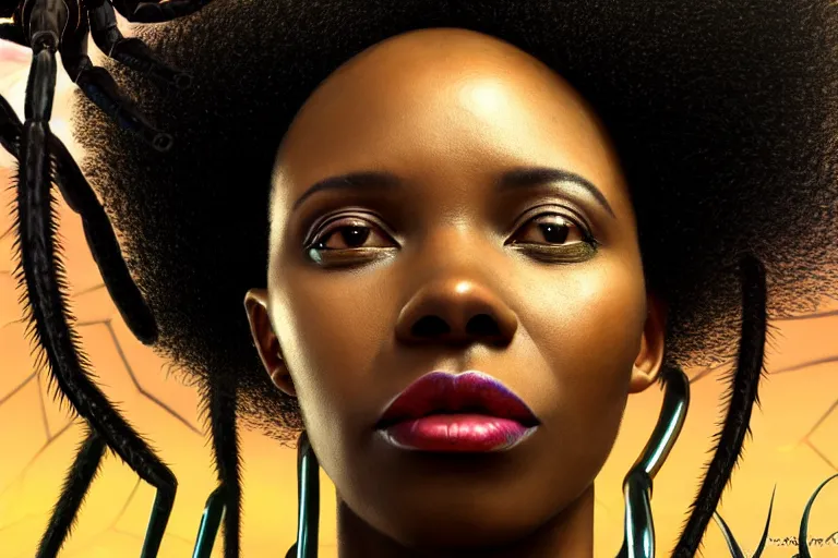 Image similar to realistic detailed closeup portrait movie shot of a beautiful black woman with a giant spider, dystopian city landscape background by denis villeneuve, amano, yves tanguy, alphonse mucha, max ernst, kehinde wiley, caravaggio, roger dean, cyber necklace, rich moody colours, sci fi patterns, wide angle