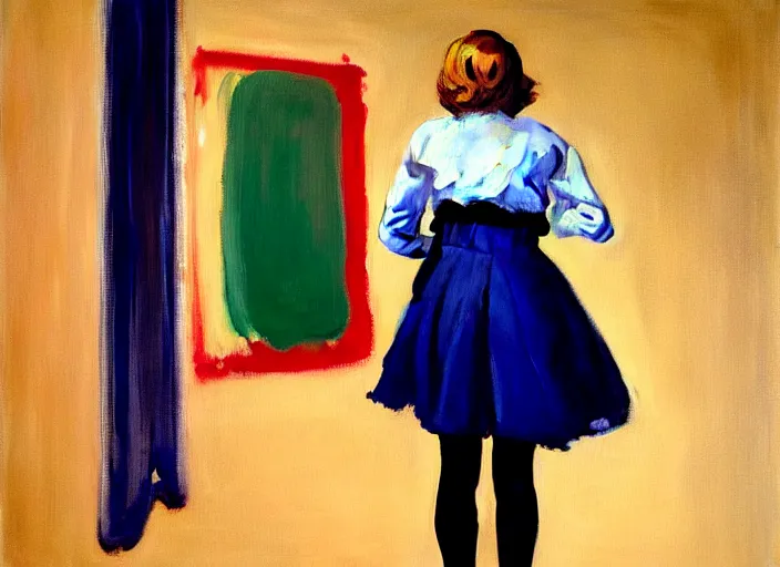 Prompt: oil painting of an annasophia robb in a learning uniform wearing stockings, teaching a lesson in a void room full of existential horror painted by Bryan Lee O'Malley and Edward Hopper, John Singer Sargant, inspired by paintings of Francis Bacon and melting color palette of Mark Rothko, Cy Twombly gestural strokes