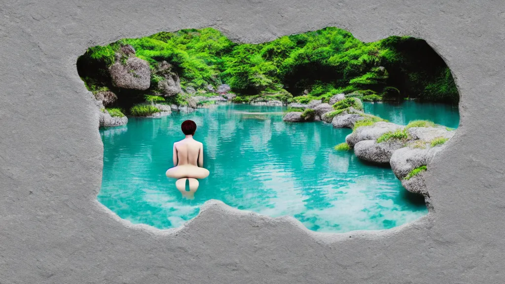 Image similar to a bather at a natural hot spring in a nook of river stones, in an epic valley, japan, a collage painting, in the style of wes anderson, lola dupre, david hockney, isolated on negative white space background dark monochrome neon spraypaint accents volumetric octane render