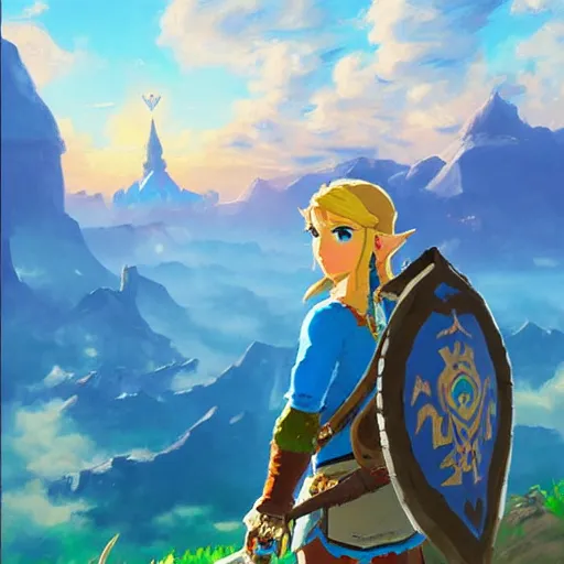 Image similar to oil painting of zelda breath of the wild, mountain in the background. beautiful, rpg, dnd, artgerm, disney, pixar