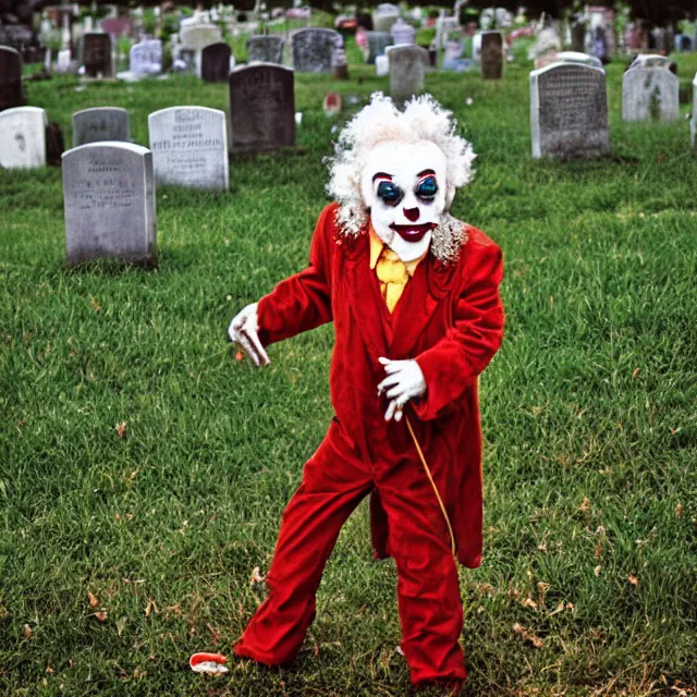 Prompt: creepy clown in a cemetary, photo by william eggelston