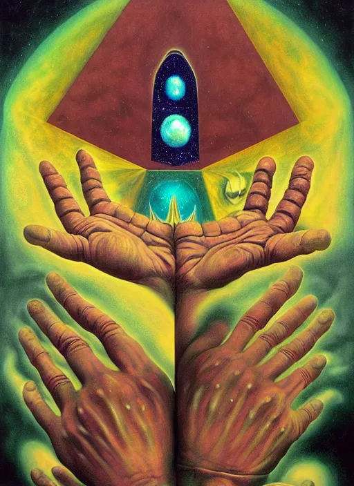 Image similar to antediluvian occult cosmology, panspermia, occult magic hand gestures, magick ritual hand signs, by joe jusko and remedios varo and daniel arsham and robert hooke, rule of thirds, vivid colours, negative space, atmospheric, digital painting, artstation, concept art, smooth, sharp focus