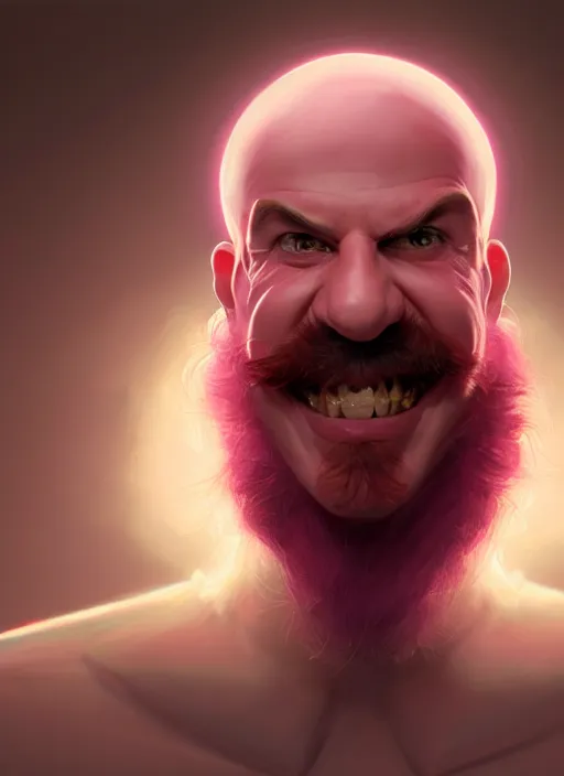 Image similar to portrait of dr robotnik, realistic, skinny, smile, ugly, defined jawline, big chin, pink hair bow, intricate, elegant, glowing lights, highly detailed, digital painting, artstation, sharp focus, illustration, art by wlop, mars ravelo and greg rutkowski