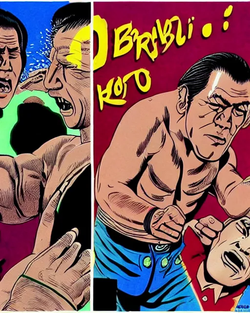 Image similar to incredible realistic antonio inoki vs ric flair, ( hyperreal detailed facial features and uv lighting, art by ed roth and basil wolverton )