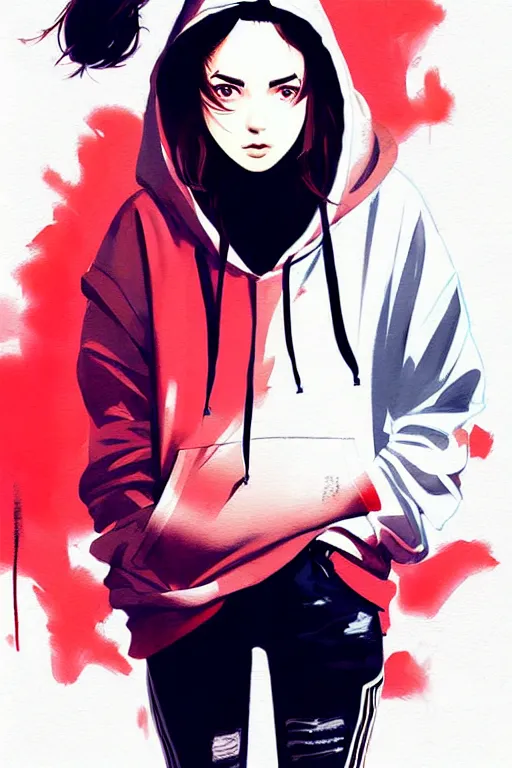 Image similar to a ultradetailed painting of a stylish girl in a oversized hoodie and sneakers by conrad roset, greg rutkowski and makoto shinkai trending on artstation