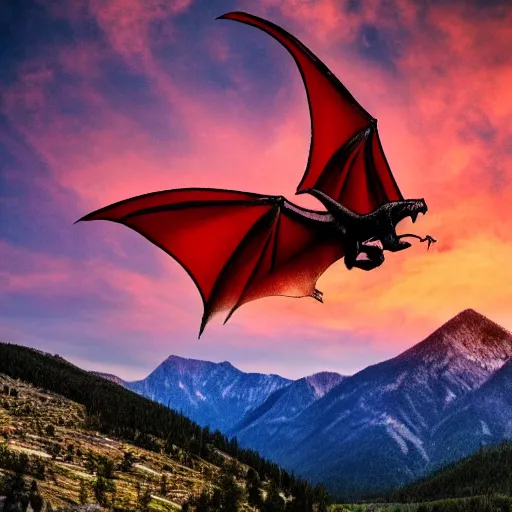 Prompt: a big red dragon flying over the mountains