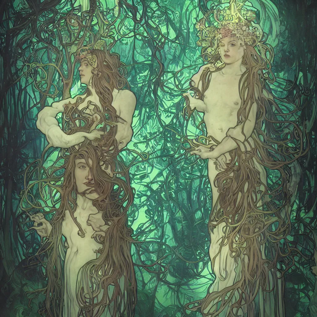 Prompt: bioluminescent pagan god in dark forest by james jean and alphonse mucha, portrait, fantasy, clear, light beams, lens flare, intense, uhd, amazing depth, cinematic lighting