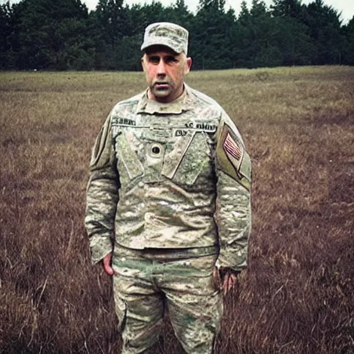 Image similar to “Joe Rogan standing in the middle of a field wearing the US Army uniform with a grumpy look on his face”