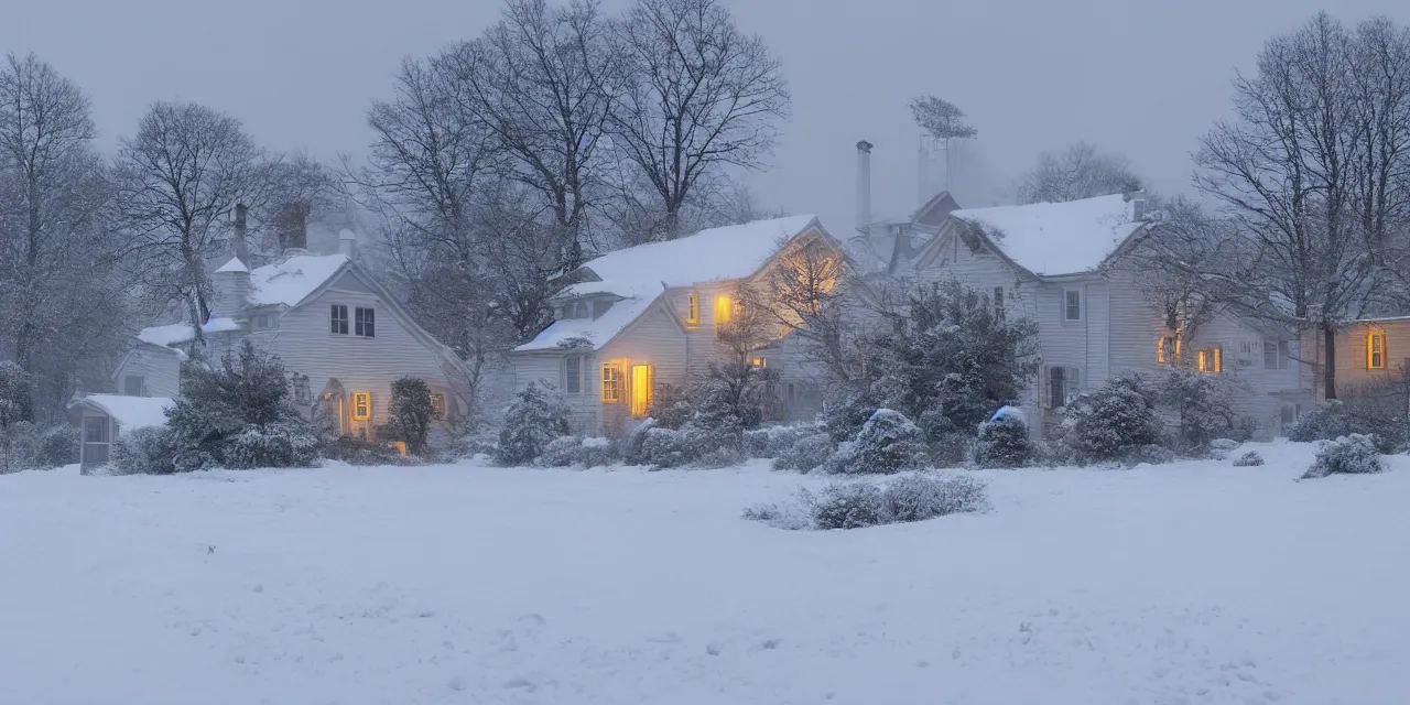 Image similar to blizzard with cottage in clearing obscured by snow, the windows are lit, 4k, realistic, cinematic