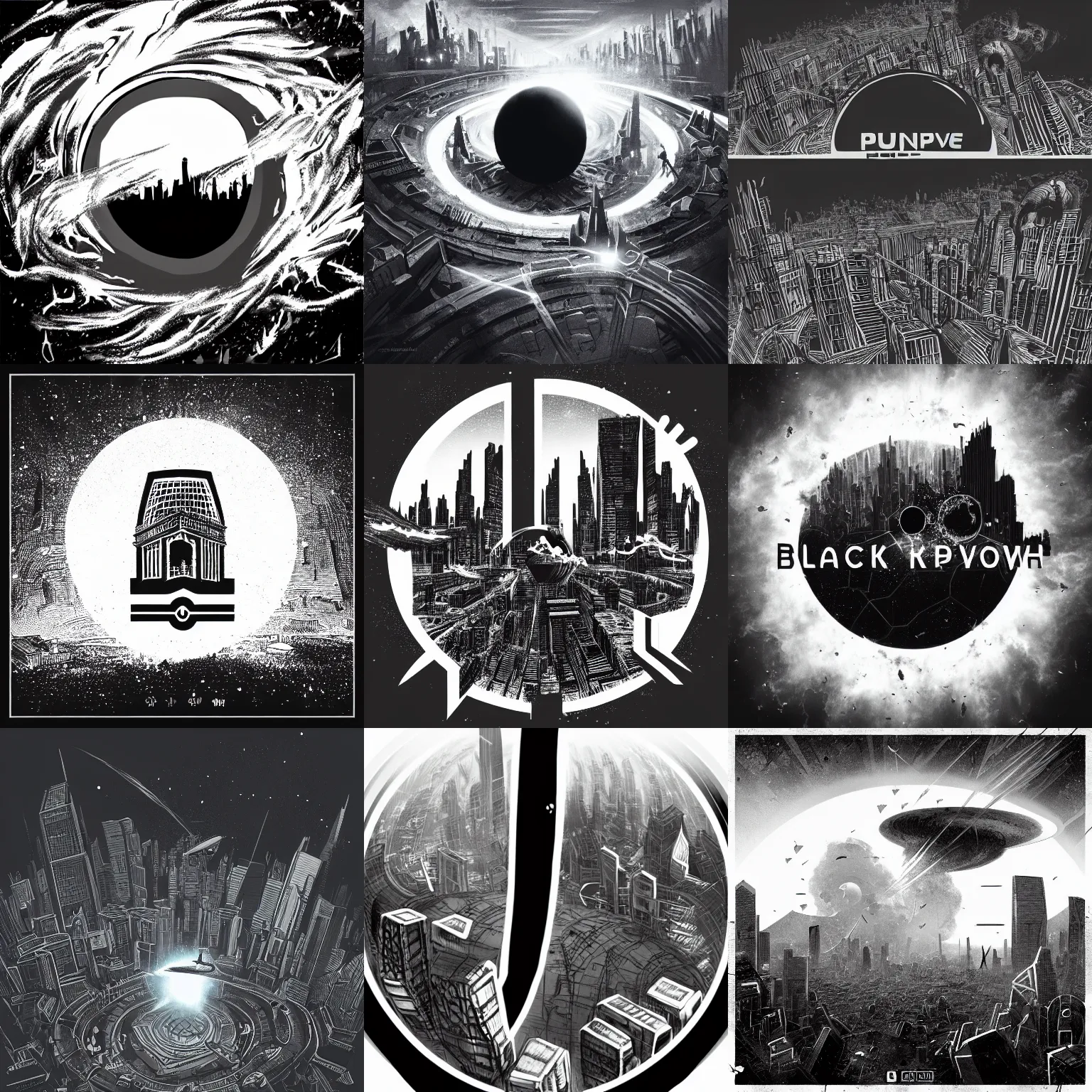 Prompt: concept art of png logo of black hole rising above city, city destroyed by shockwave, black hole with accretion disс, vector logo, sticker, black and white, material design, ink drawing, art by, greg rutkowski