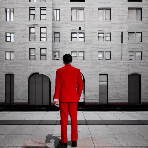 Prompt: a man with an elegant red suit, photography, 3 d render, at night, buildings