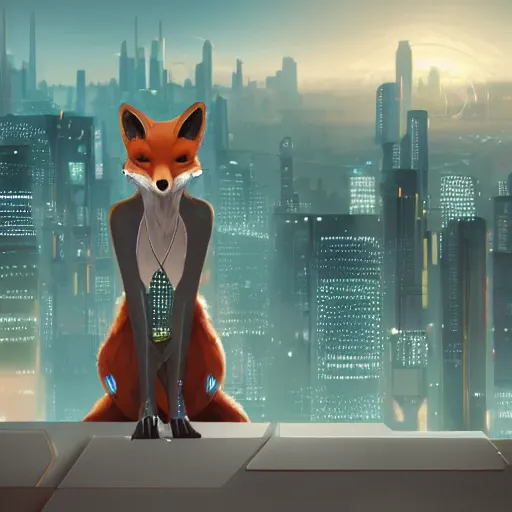 Image similar to an anthropomorphic fox, holding her paws together behind her back staring over a futuristic city from the top of a roof, highly coherent, trending on furaffinity, cyberpunk