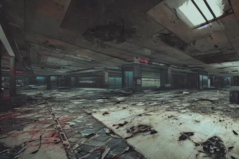 Prompt: low wide angle photo of a abandoned cyberpunk shopping mall with dead human bodies on the floor, a crew of high tech soliders are coming in, cinematic lightning, ray tracing, unreal engine, photorealistic, detailed, dark, moody, foggy, scary