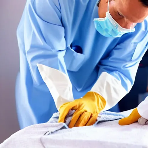Prompt: Surgeon ironing his patient
