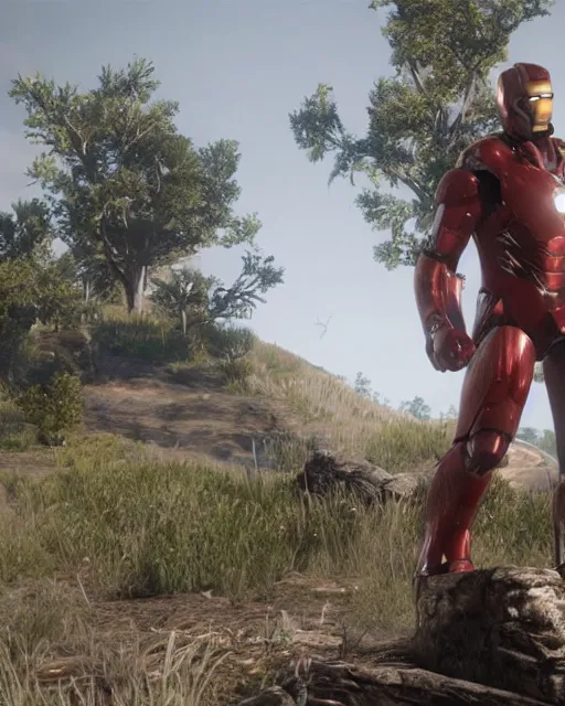 Image similar to robust and bulky iron man suit in red dead redemption 2, cinematic, photorealistic
