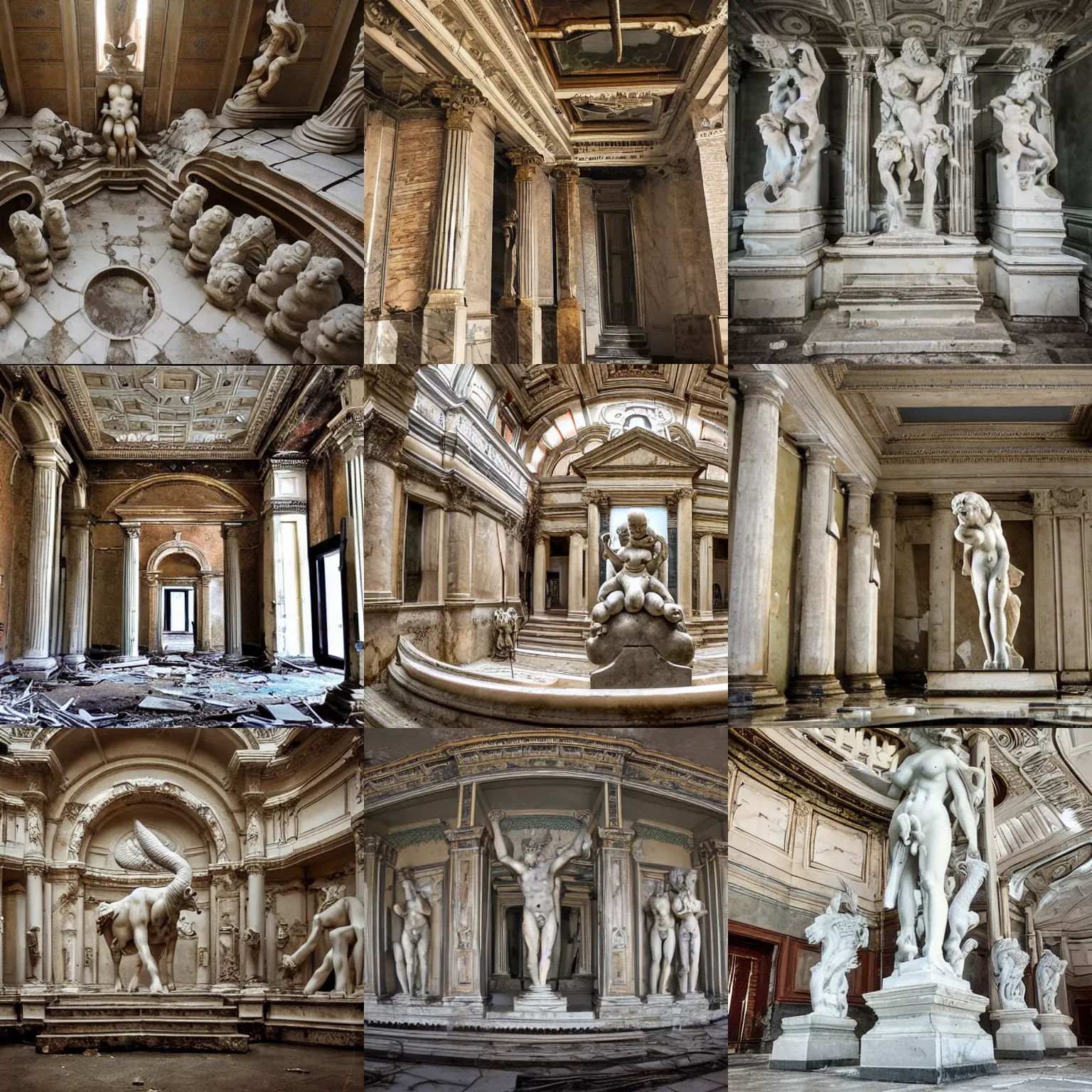 Prompt: photo piranessi symmetry flooded connected neoclassic halls and beautiful human statues myriad of huge marble staircases minotaur gods pelicans helenistic classic statues sculptures decrepit derelict abandoned - t
