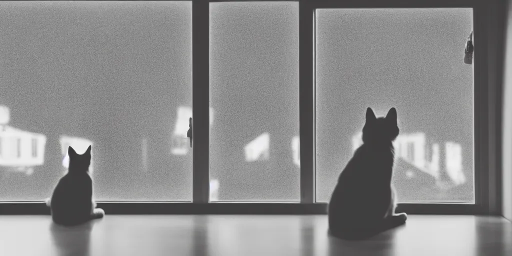 Prompt: silhouette of a girl and her cat, looking out a window on a rainy day, inside a cozy apartment, with a city view.