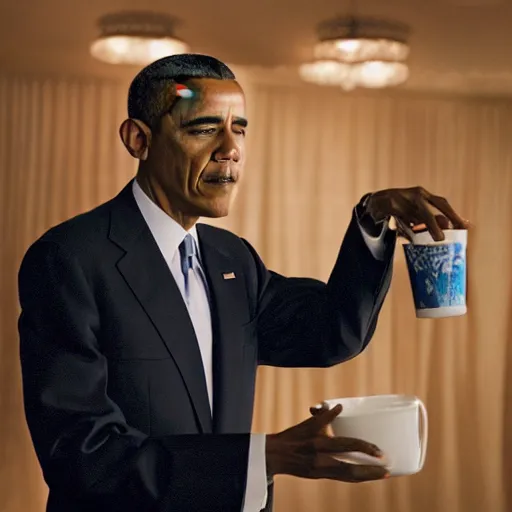 Image similar to blurry still of obama pouring lean in a doublecup, film grain, realistic face, insane detail