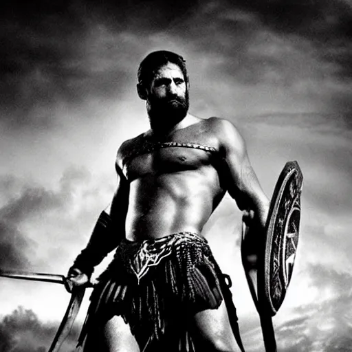 Image similar to “Leónidas king from 300 Spartans zack Snyder battle with spear epic dark background artwork intricate”