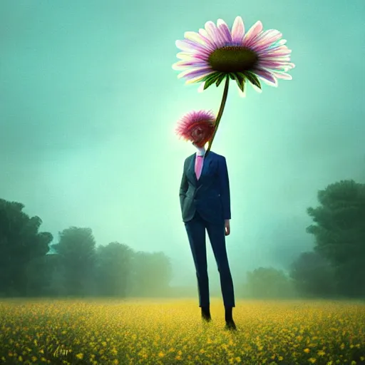 Image similar to huge daisy flower head, frontal, girl in a suit, surreal photography, sunrise, dramatic light, impressionist painting, digital painting, artstation, simon stalenhag