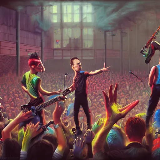 Image similar to 4 punks in school uniform with mohawks stand on stage with guitars and drums and microphones and yell day, foreground fight of ravers and punks, by marc simonetti, tyler edlin, deviantart, ray tracing, octane render, digital art, realistic, high quality, 8 k