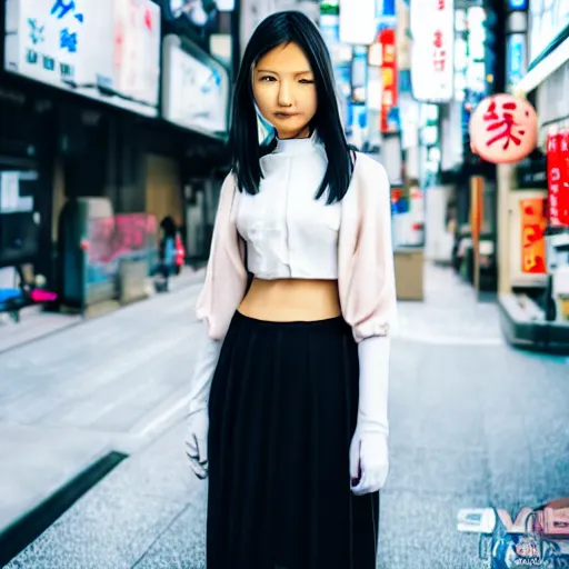 Prompt: beautiful asian female model on streets of tokyo, detailed face, futuristic fashion, portrait photography, sigma 5 0 mm lens