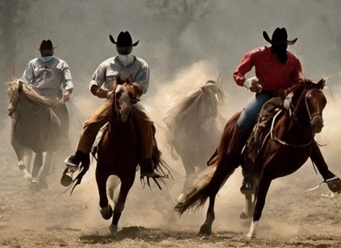 Image similar to a cowboy horse chase vigilantes with face masks disguise, shoot out, exploding horse wide shot, from the hit 1 9 9 0 s tv show on tnt