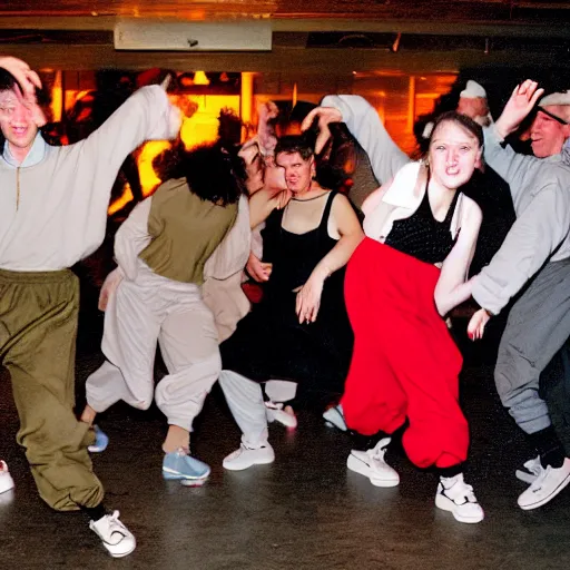 Image similar to photograph of a group of people in baggy outfits and bulky shoes dancing in a dark room, taken from a distance to show showing the whole bodies, smudged grainy blurry gritty, dynamic frenetic, taken with a soviet flash camera at slow shutter speed