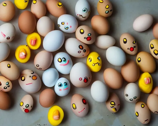 Image similar to eggs with happy faces on them. they have arms and legs made of twigs. yolk is pouring out of their snout. they had a hearty laugh. boogers are coming out of their noise.