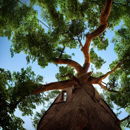 Prompt: a house with a tree growing on it's roof, the photo was taken from the ground looking up at the tree, realistic, ultra high detail, ambient lighting, 8k.