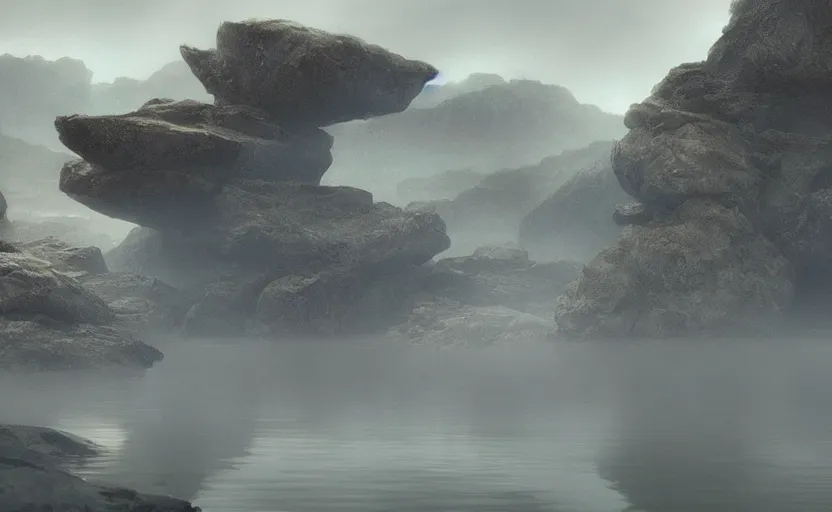 Image similar to a strange lake directed by charlie kaufman ( 2 0 0 1 ) anamorphic lenses, a rocky shore in the foreground, foggy volumetric light morning, a beam of light from the heavens, cinematic trending on artstation in the style of greg rutkowski