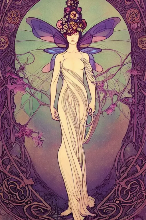 Image similar to full length portrait of a beautiful mysterious fairy with flowery headgear, no hands, by eve ventrue, michael carson, andreas rochas, john watkiss, casey weldon, artgerm. art nouveau. tarot card by mucha. gloomhaven. swirly intricate linework background. gaudy colors, sharp edges. octane render