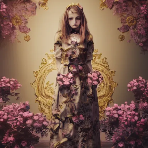 Image similar to 8k, octane render, realism, tonalism, renaissance, rococo, baroque, portrait of a young lady wearing long manga dress with flowers and skulls, background chaotic gold leaf flowers