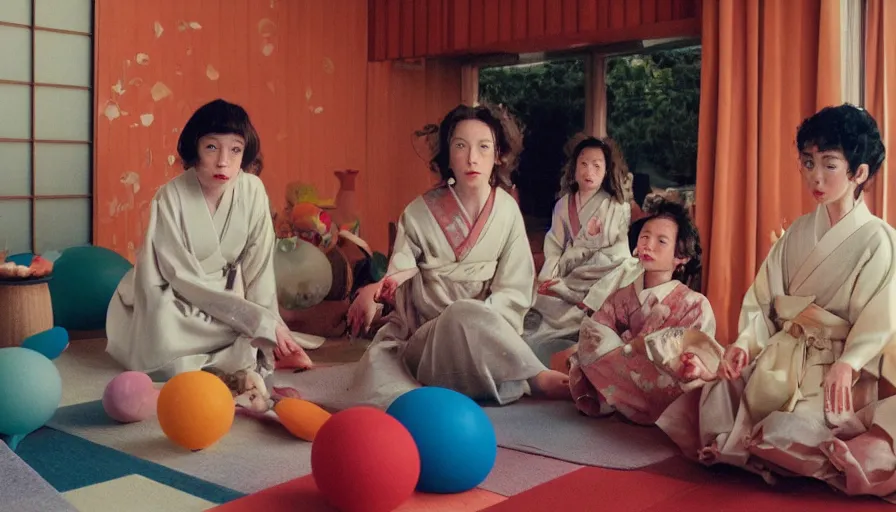 Image similar to movie still by alejandro jodorowsky of a beautiful day in a family living room in kyoto japan, visible magic energy, dream creature costumes, floating planets, fish, parade floats, cinestill 8 0 0 t eastmancolor technicolor, high quality, very detailed, heavy grain, fine facial features, 8 k, octane render