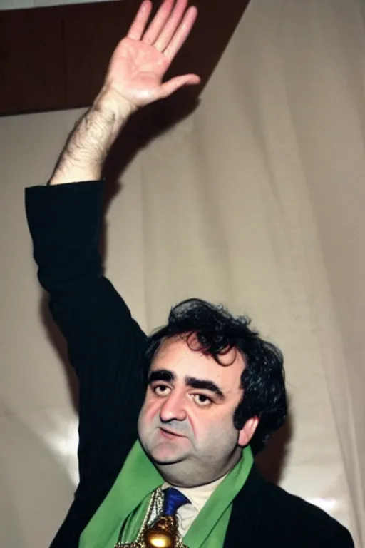 Image similar to gordon brown mixed with john belushi, dark black hair, wearing a green umbro tracksuit and gold necklace star shaped medallion, hands raised in the air,