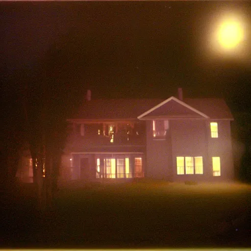 Image similar to a foggy high flash photo of a suburban home from the street at night, 2 0 0 6, taken with a disposable camera